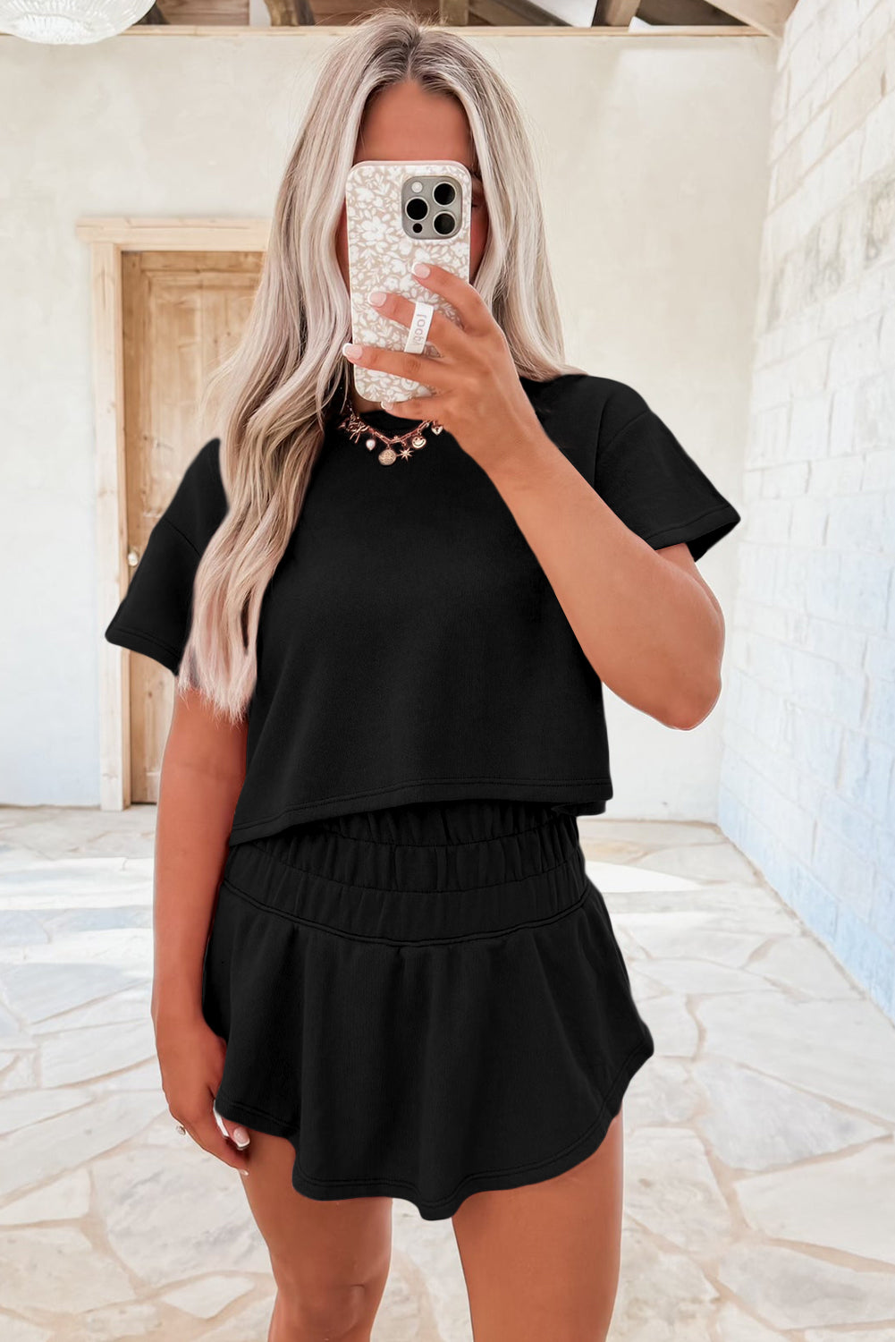 black-cropped-tee-high-waist-skirt-set