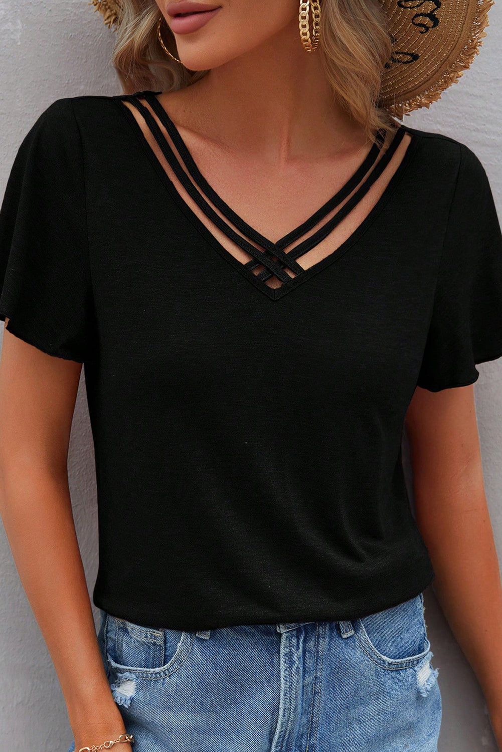 black-crisscross-v-neck-butterfly-sleeve-t-shirt