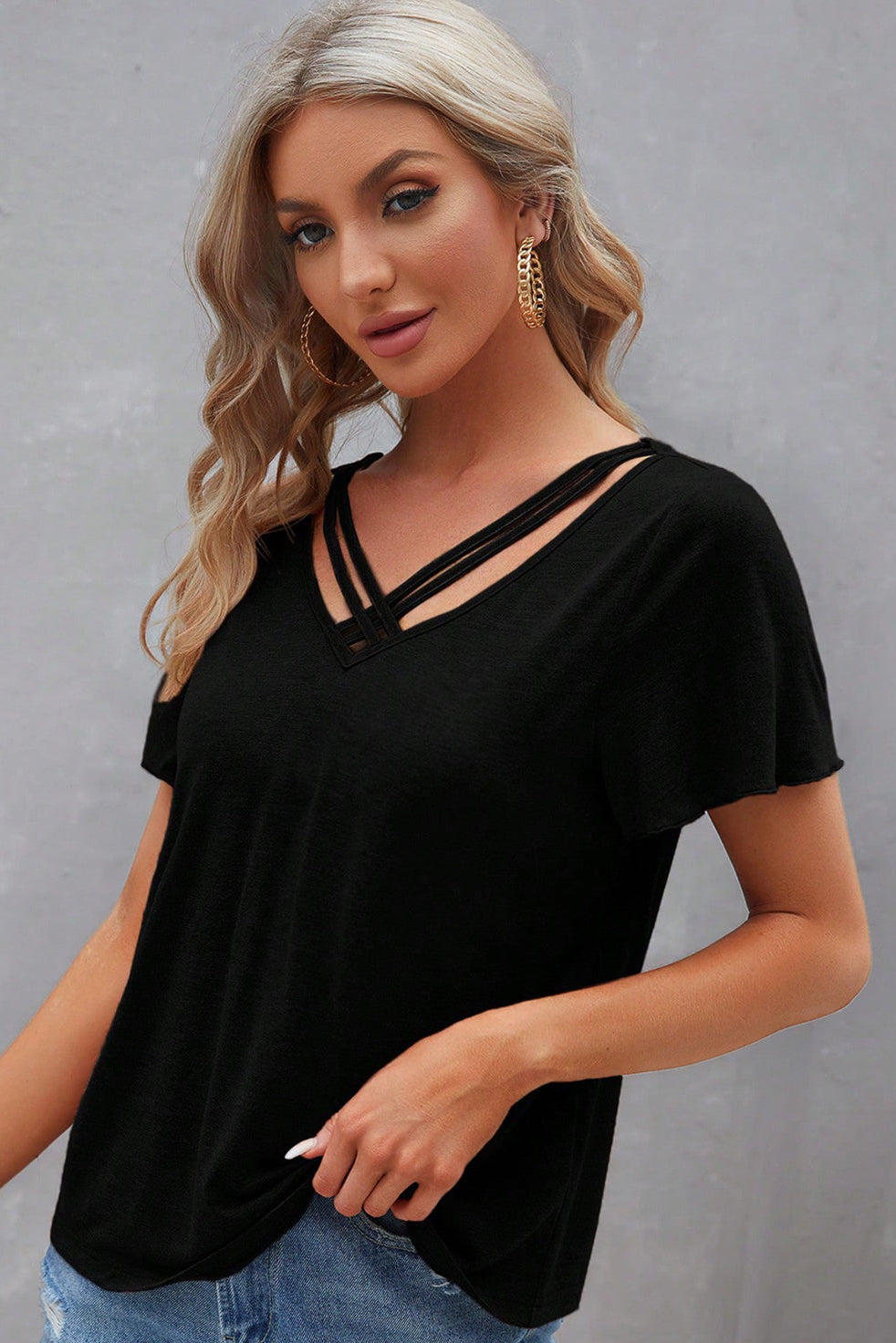 black-crisscross-v-neck-butterfly-sleeve-t-shirt