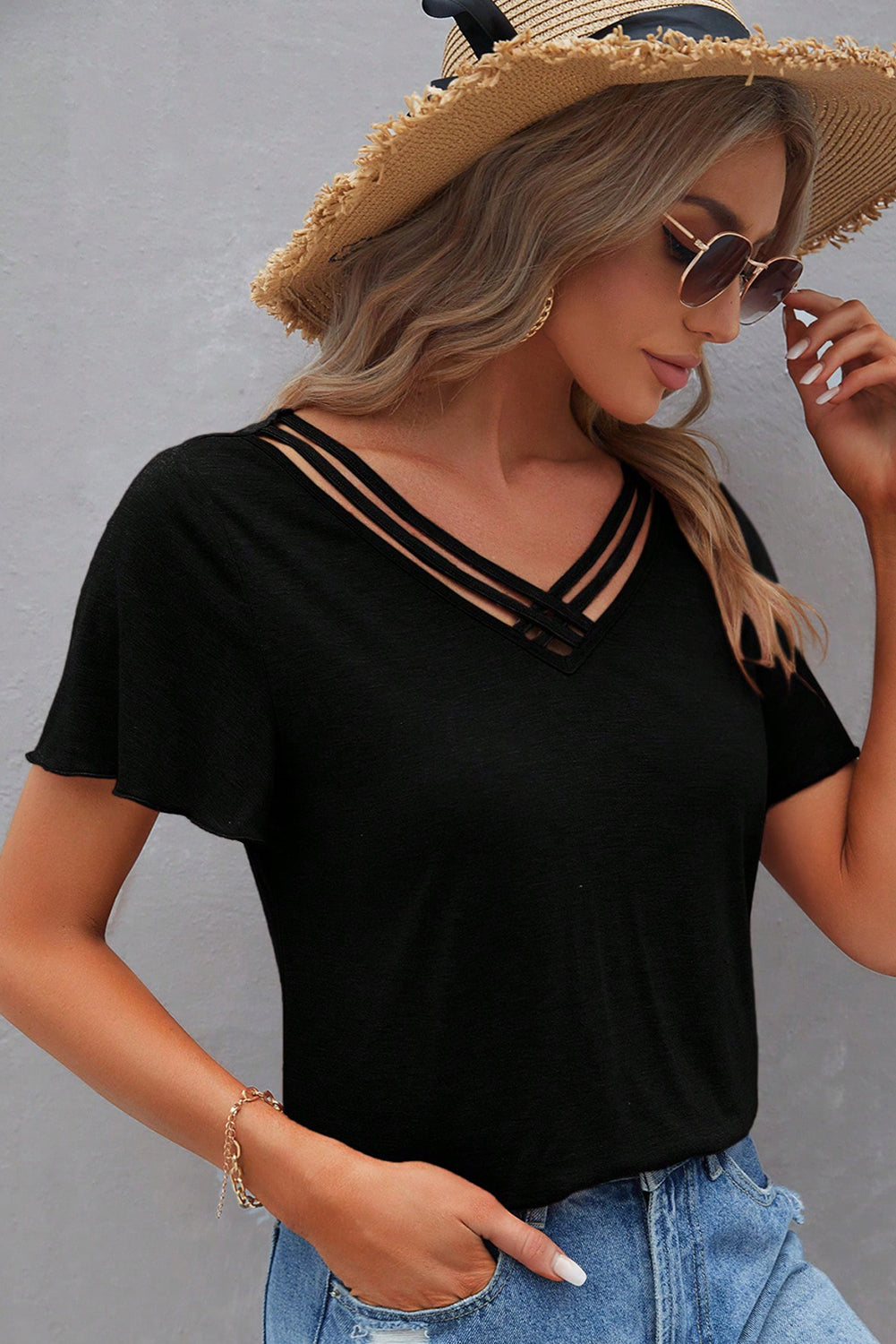 black-crisscross-v-neck-butterfly-sleeve-t-shirt